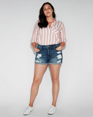 High Waisted Relaxed Distressed Stretch+ Denim Shorts | Express