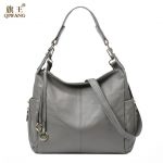 QIWANG 100% Grey Genuine Leather Bag Women's Handbag Ladies Shoulder
