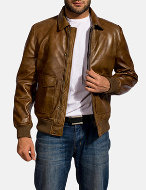 Mens Coffmen Brown Leather Bomber Jacket