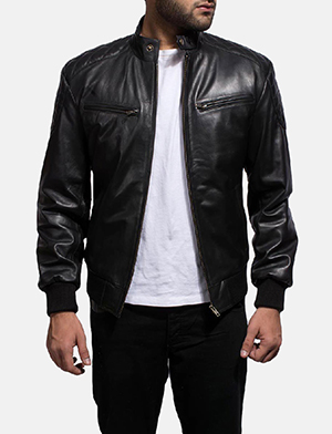 Mens Sven Black Leather Bomber Jacket