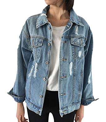 JudyBridal Oversize Denim Jacket Women Ripped Jean Jacket Boyfriend