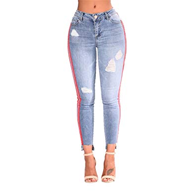 SKINNY JESNS Women Denim Pants Side Striped Full Length Jeans Ladies