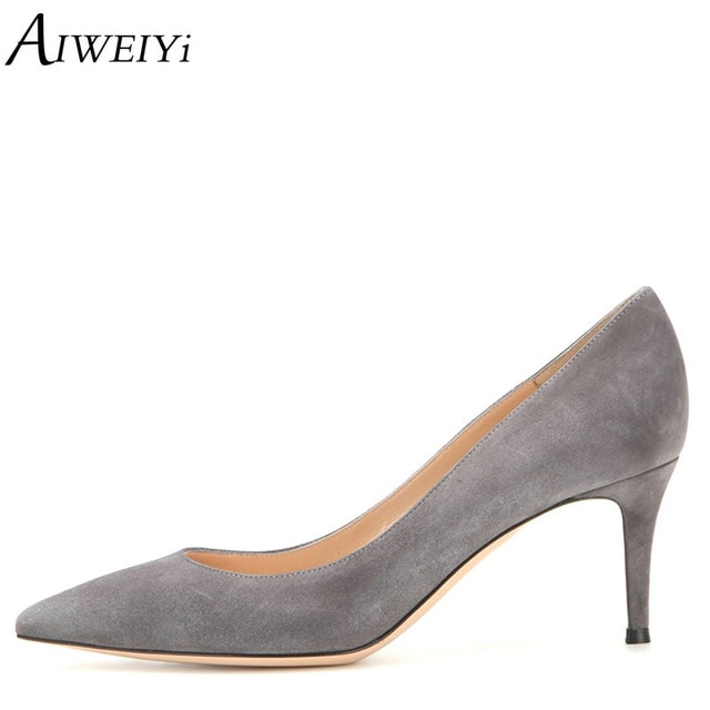 AIWEIYi Women Shoes Med Heels 6.5CM Black Grey Pumps Kitten Heels
