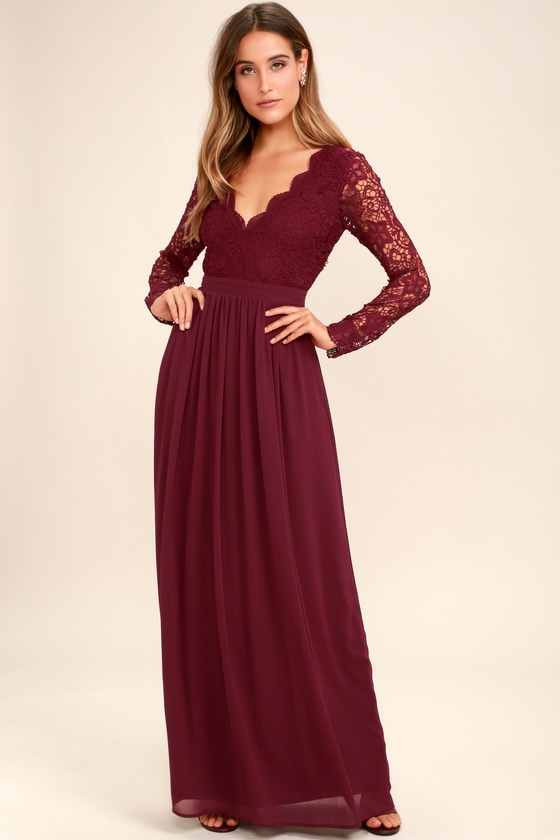 Lovely Burgundy Dress - Lace Maxi Dress - Long Sleeve Dress