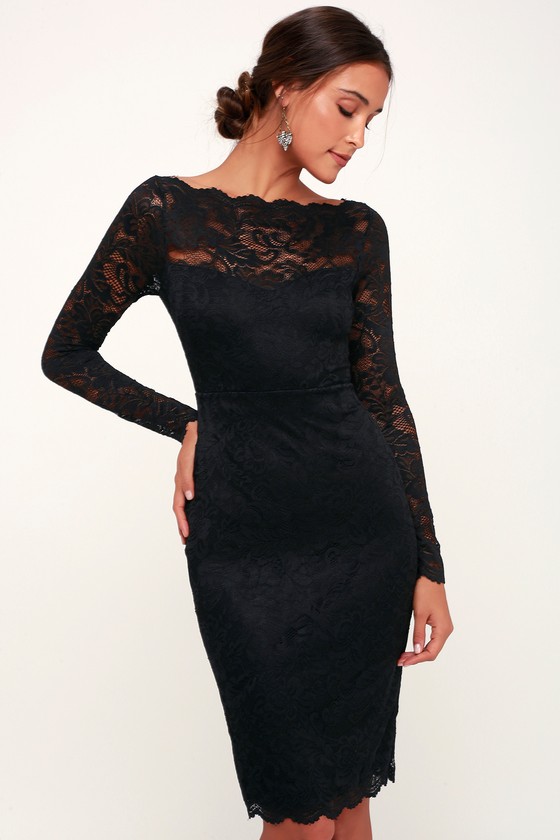 Cute Black Lace Dress - Lace Bodycon Dress - Long Sleeve Dress