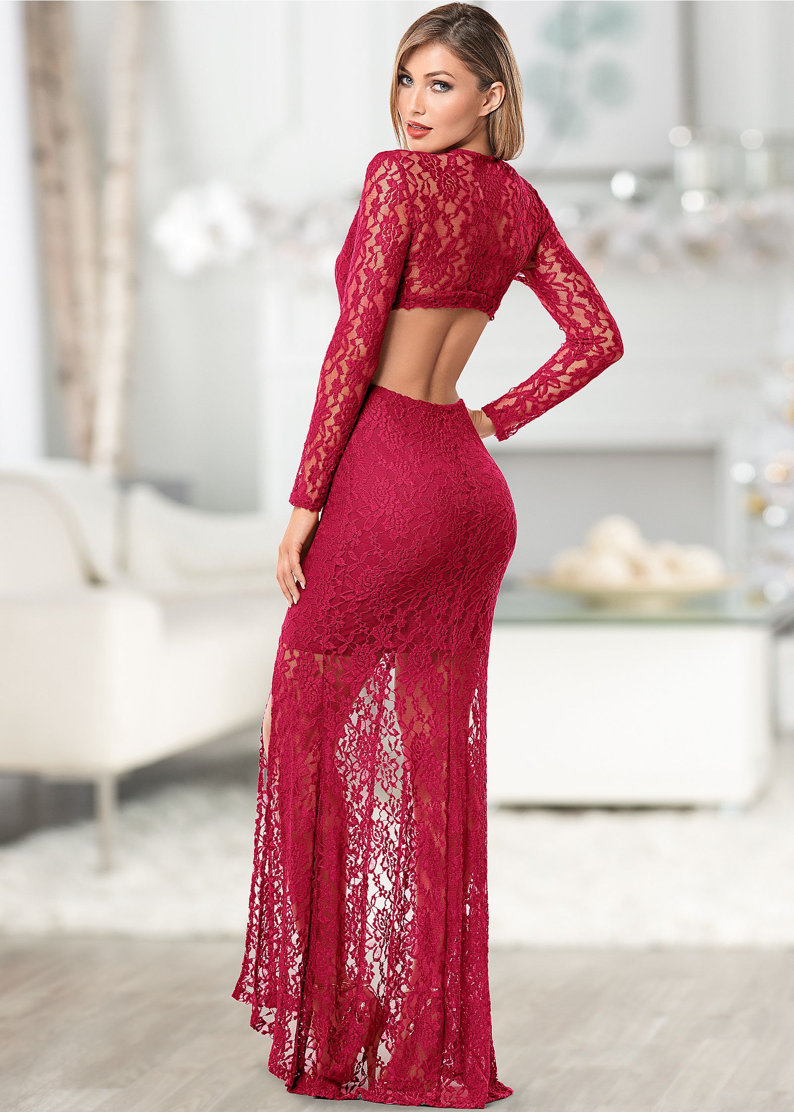 CUT OUT LACE LONG DRESS in Red | VENUS