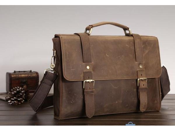 Premium Crazy Horse Leather Vintage Laptop Bag in Unisex Dark Brown