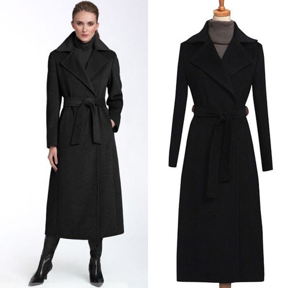 2017 New fashion black wool coat women's long wool trench coat plus