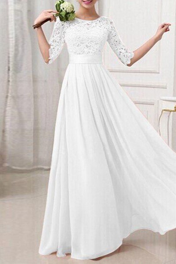 White Patchwork Lace Hollow-out Half Sleeve Bridesmaid Elegant Prom