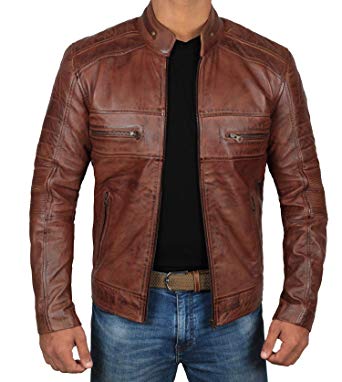 Brown Leather Jacket for Men - Distressed Genuine Motorcycle Leather