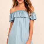 Cute Off-the-Shoulder Dress - Chambray Dress - Shift Dress