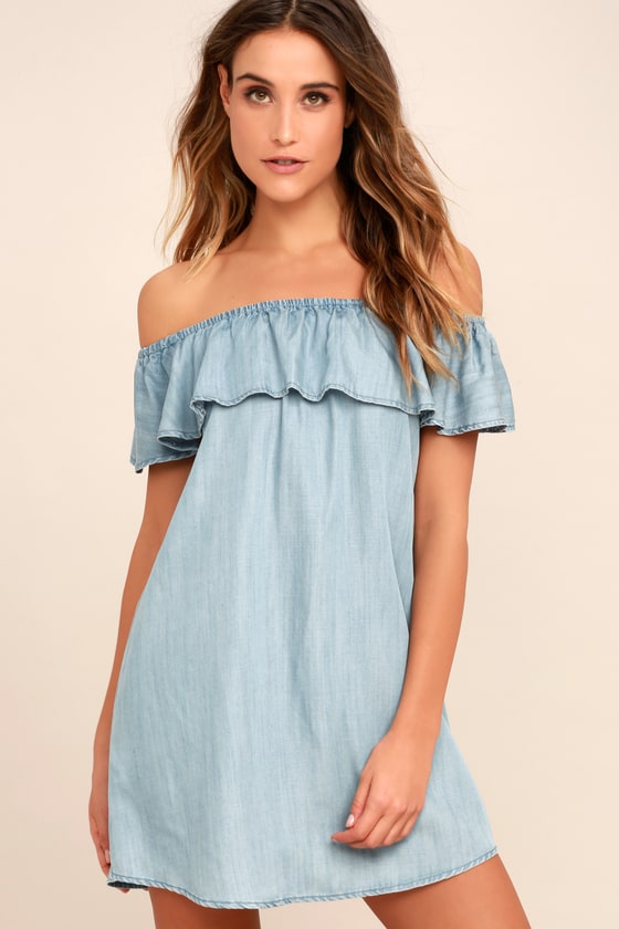 Cute Off-the-Shoulder Dress - Chambray Dress - Shift Dress