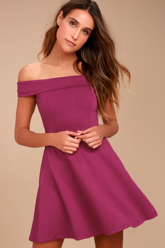 Cute Magenta Dress - Off-the-Shoulder Dress - Skater Dress