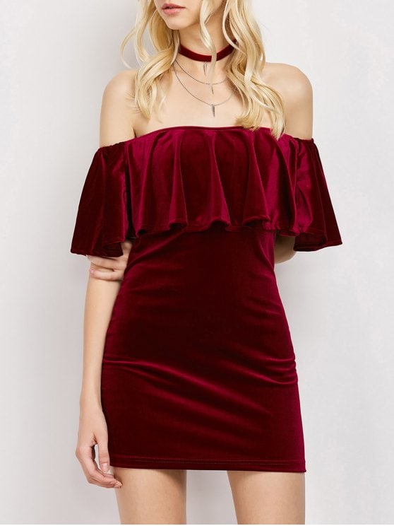 31% OFF] 2019 Women Velvet Off The Shoulder Bodycon Dress In WINE