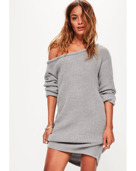 Lyst - Missguided Grey Off Shoulder Knitted Jumper Dress in Gray