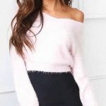 Shop Pink Off Shoulder Fluffy Long Sleeve Knit Jumper from choies