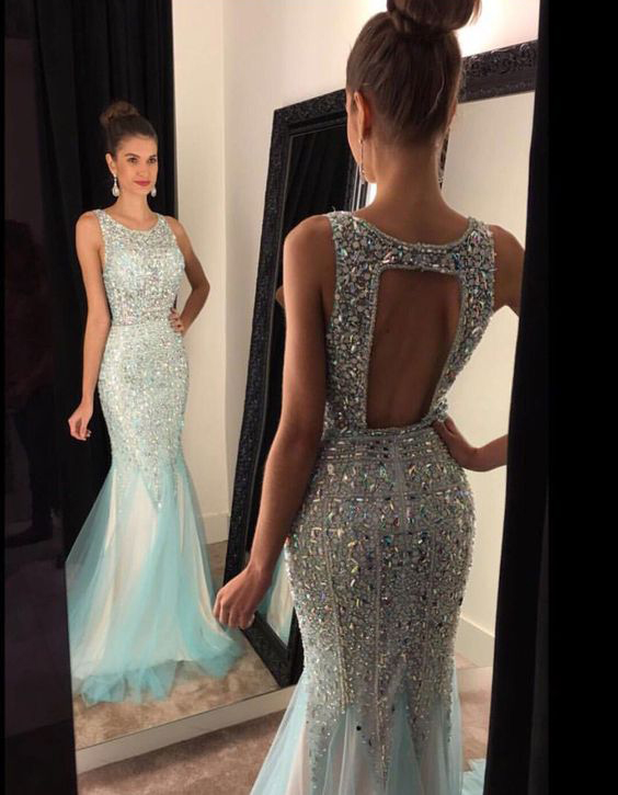 Shinny Beaded Mermaid Prom Dresses,Open Back Evening Dresses,Long