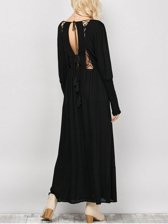 32% OFF] 2019 Long Sleeve Open Back Maxi Dress In BLACK S | ZAFUL