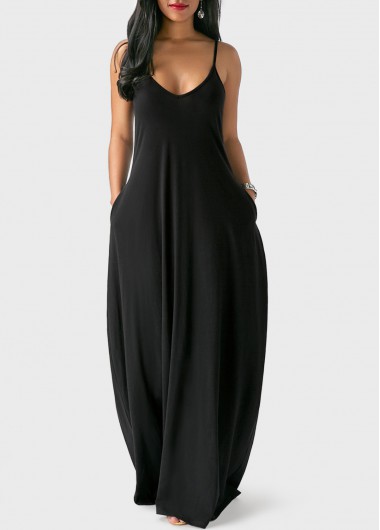 Open Back Pocket Decorated Black Maxi Dress | Rosewe.com - USD