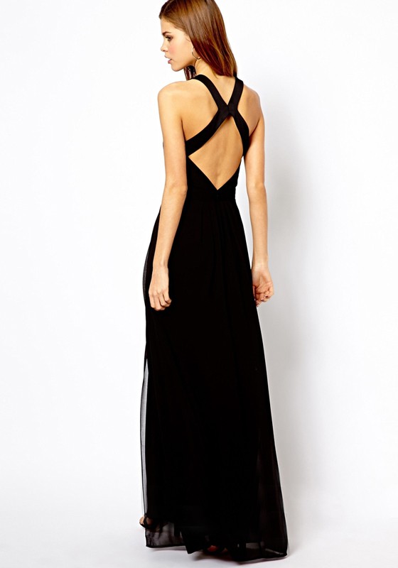 Black Plain Open Back Cross Back Homecoming Chiffon Maxi Dress