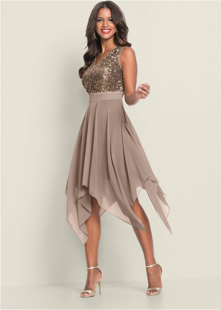 SEQUIN DETAIL PARTY DRESS in Taupe | VENUS