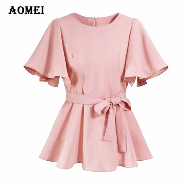 Women Shirts Peplum Tops with Waistbelt Round Neck Blouse Officewear