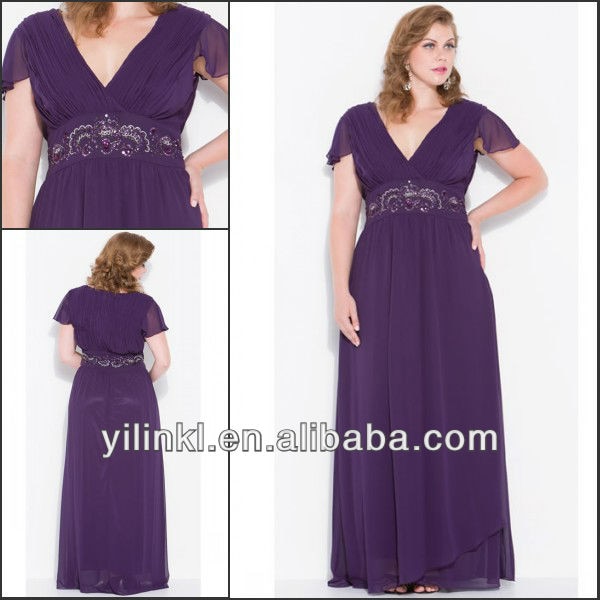 Purple Color V neck Short Sleeve Super Plus Size Bridesmaid Dresses