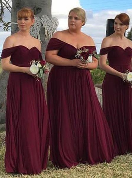 Burgundy Plus Size Bridesmaid Dress,Chiffon Off the Shoulder