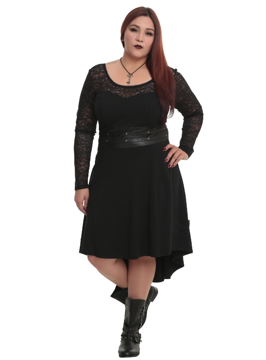Tripp Plus Size Gothic Black Faux Leather and Lace Hi Lo Dress