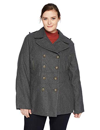 Excelled Women's Plus Size Wool Blend Fashion Pea Coat, Charcoal, 1X