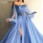 SuperKimJo Long Sleeve Beaded Prom Dresses 2019 Arabic Style Blue