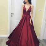 2018 Burgundy Simple V Neck Prom Dresses Sexy Spaghetti Strap Sweep