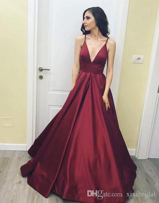 2018 Burgundy Simple V Neck Prom Dresses Sexy Spaghetti Strap Sweep