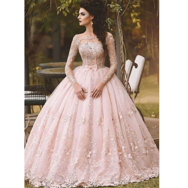 Spain Pink Appliqued Beaded Bow Long Sleeve Princess Prom Dresses