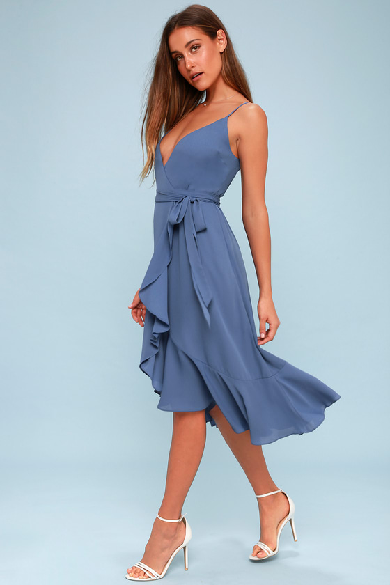 Cute Wrap Dress - Midi Dress - Blue Dress - Ruffled Dress