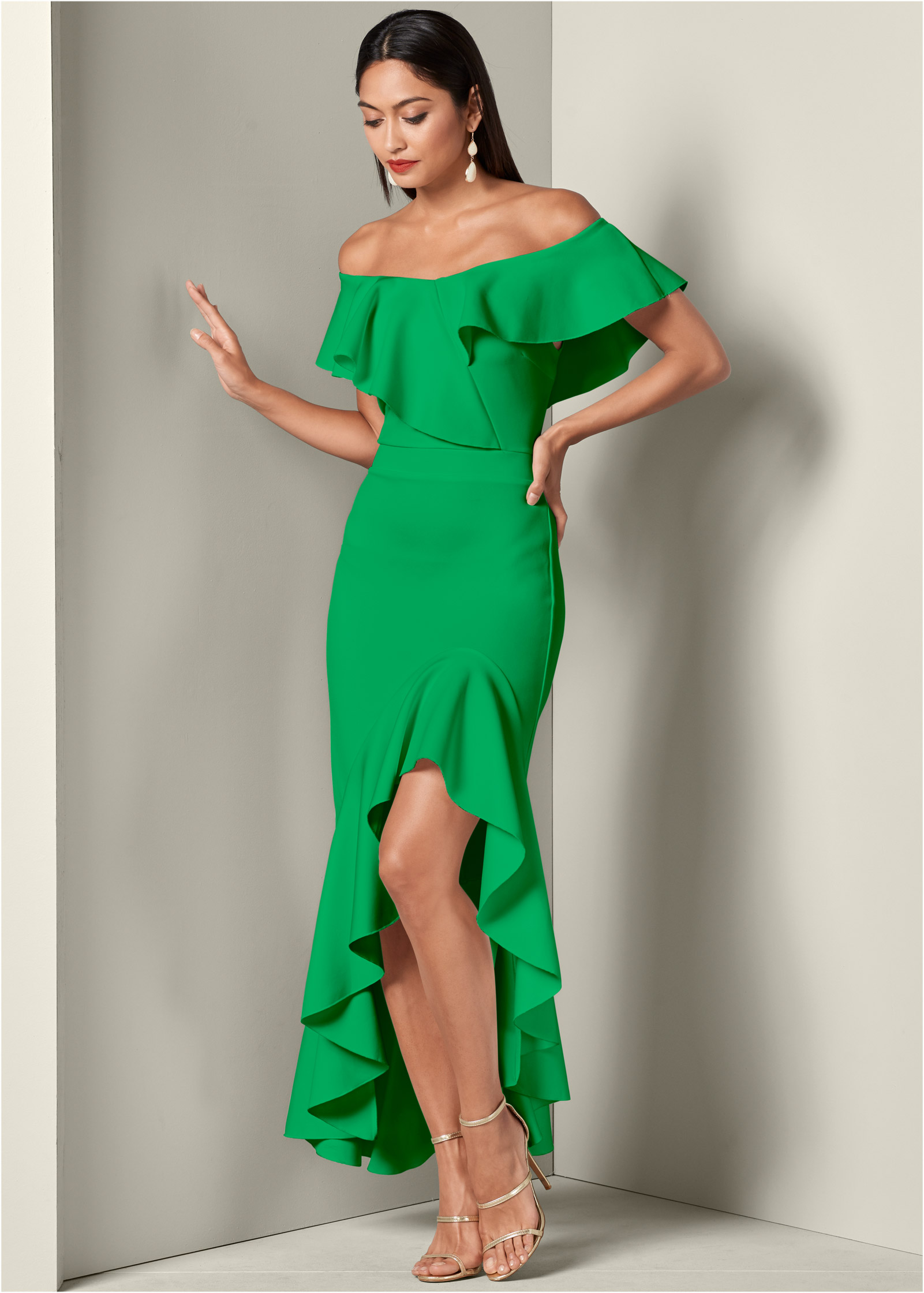 HIGH LOW RUFFLE DRESS in Green | VENUS