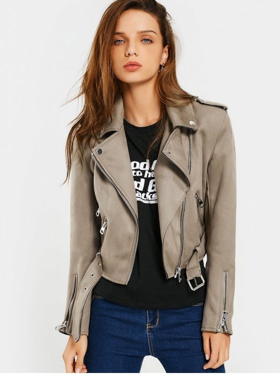 2019 Asymmetric Zipper Belted Faux Suede Jacket In CAMEL L | ZAFUL