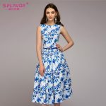 S.FLAVOR Women Summer Dress 2018 Hot sale blue printing sleeveless
