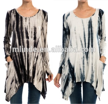 Plus Size Dye Print Pockets Tunic Top,Women Tiedye Pockets Tops