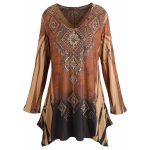 Shop Women's Tunic Top - Mountain Spirit Vintage Pattern Brown Shirt