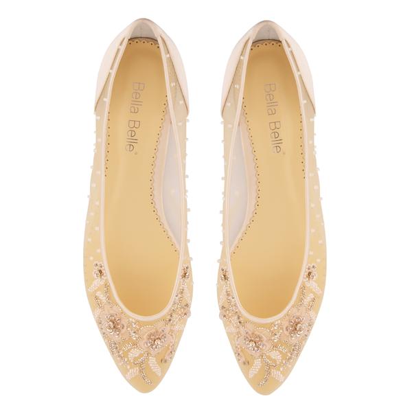 Adora Romantic Floral Comfortable Blush Wedding Flats | Bella Belle