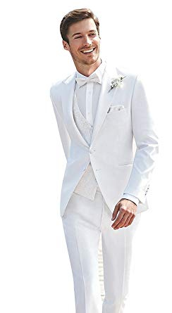 JYDress Mens 3 Piece White Wedding Suits Peak Lapel 2 Button Groom