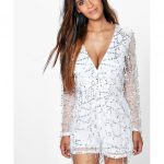 Boohoo Drop Sequin Plunge Neck Playsuit in White - Lyst
