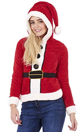 Ladies Christmas Jumper Womens Hooded Cute Santa Fleece Xmas Top