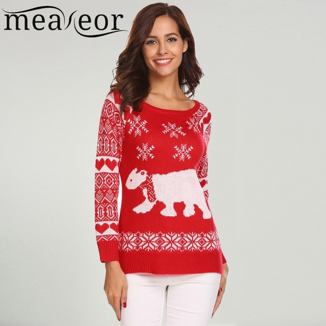 Meaneor Women Christmas Sweater Casual O Neck Long Sleeve bear