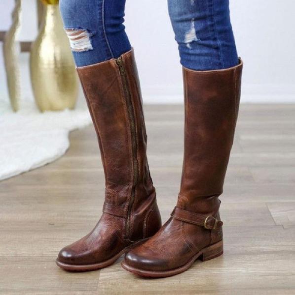 Women Vintage Leather Buckle Knee High Riding Boots u2013 Kaaum