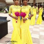 Yellow Bridesmaid Dresses With Half Sleeves Mermaid Long 2018 Sheer