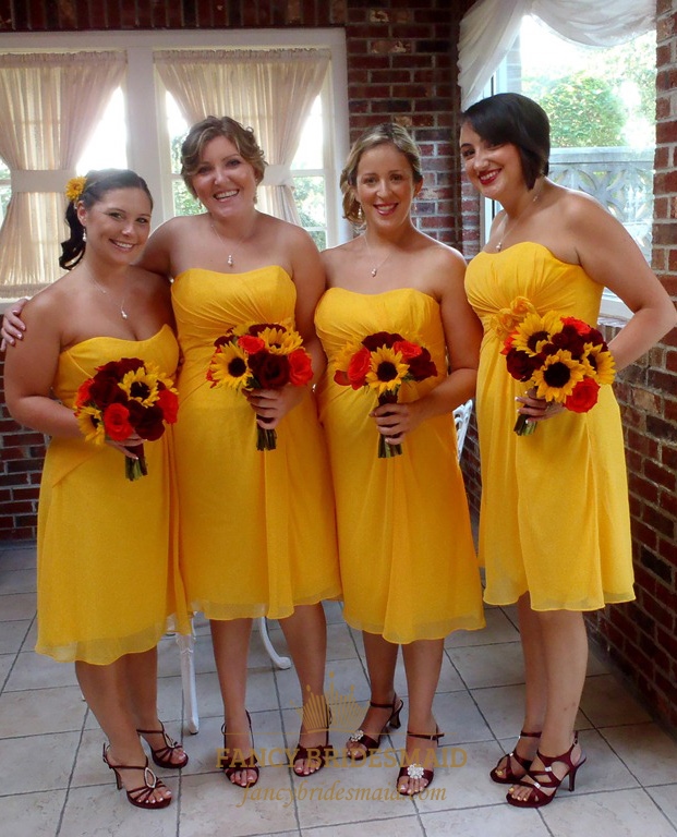 Sunflower Yellow Chiffon Strapless Empire Waist Short Bridesmaid