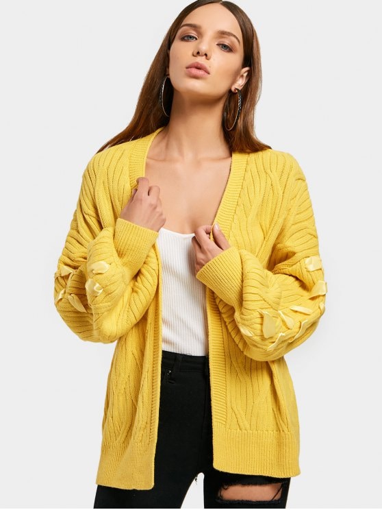 2019 Lantern Sleeve Open Front Lace Up Cardigan In YELLOW ONE SIZE