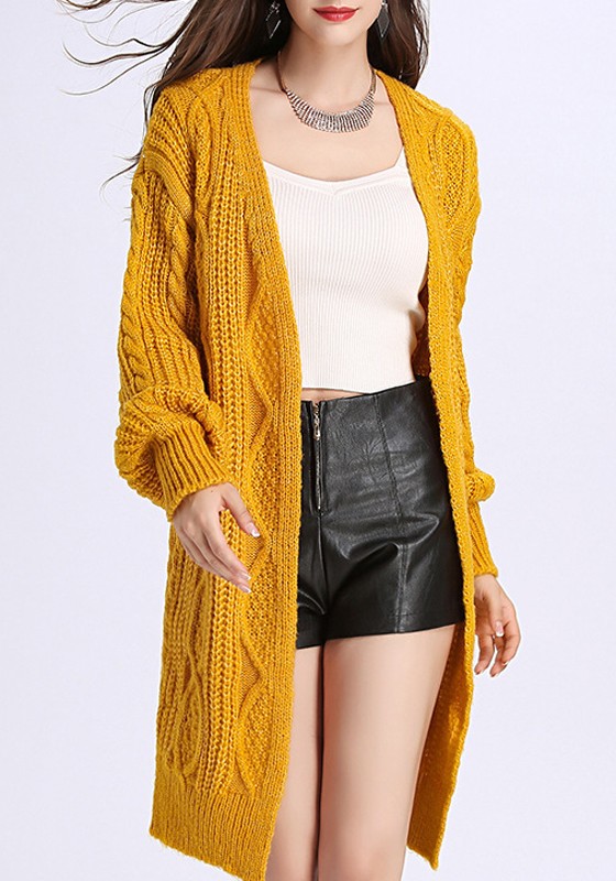 Yellow V-neck Long Sleeve Cardigan Sweater - Cardigans - Sweaters - Tops